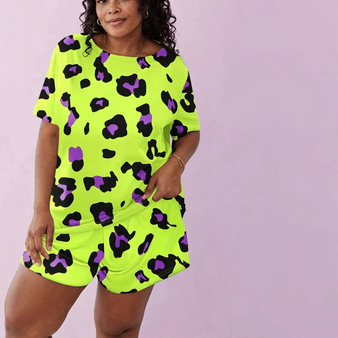 Leopard Print Round Neck Short Sleeved Top And Shorts Set