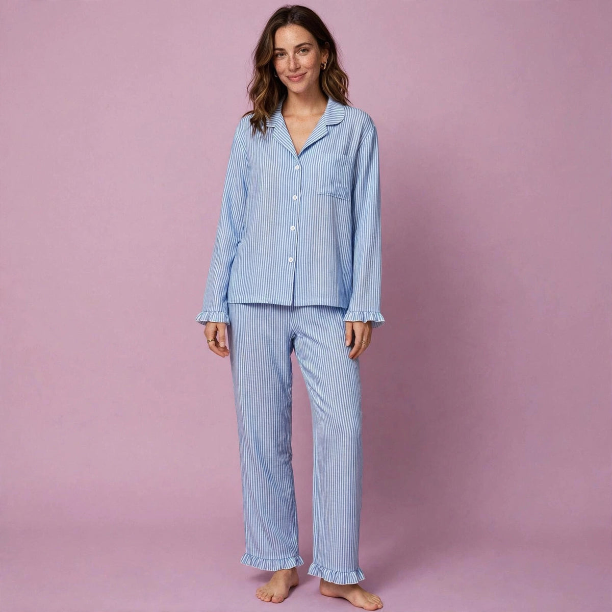 Striped Loose Cardigan Long Sleeve Pajamas Set