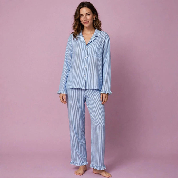 Striped Loose Cardigan Long Sleeve Pajamas Set