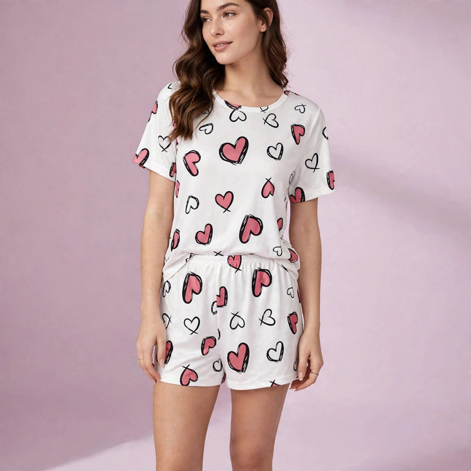 Heart Print Shorts Set