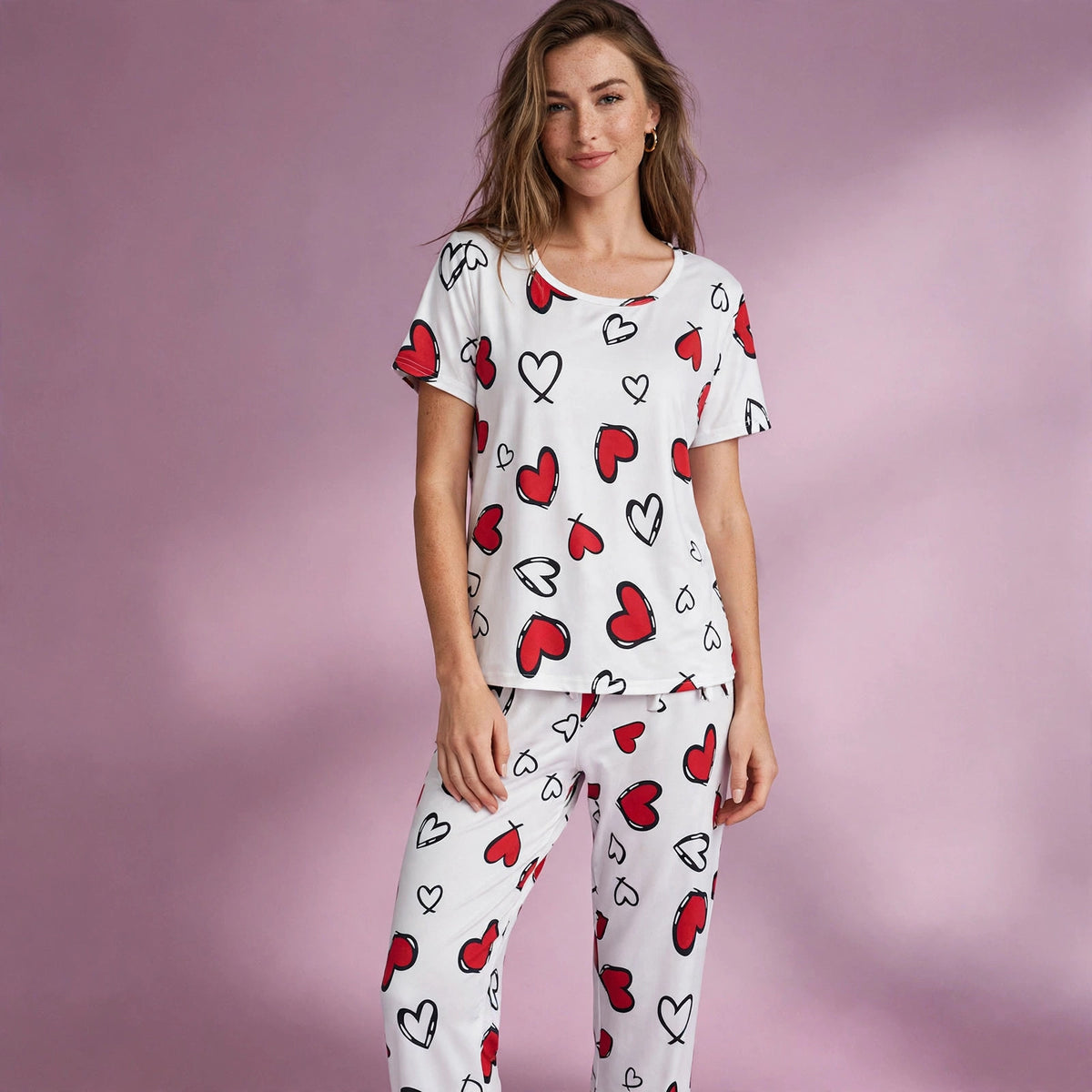 Short Sleeve Heart Print Pajamas Set