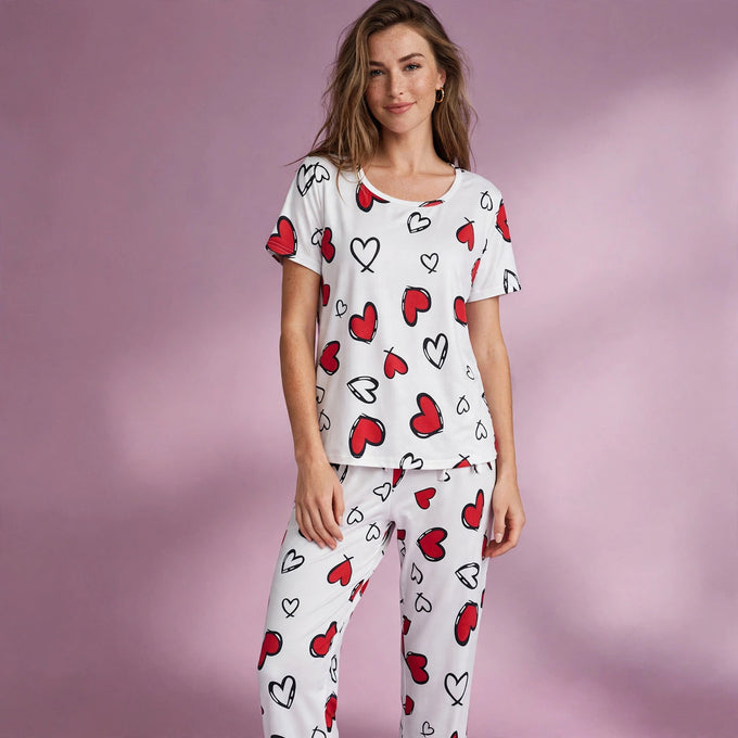Short Sleeve Heart Print Pajamas Set
