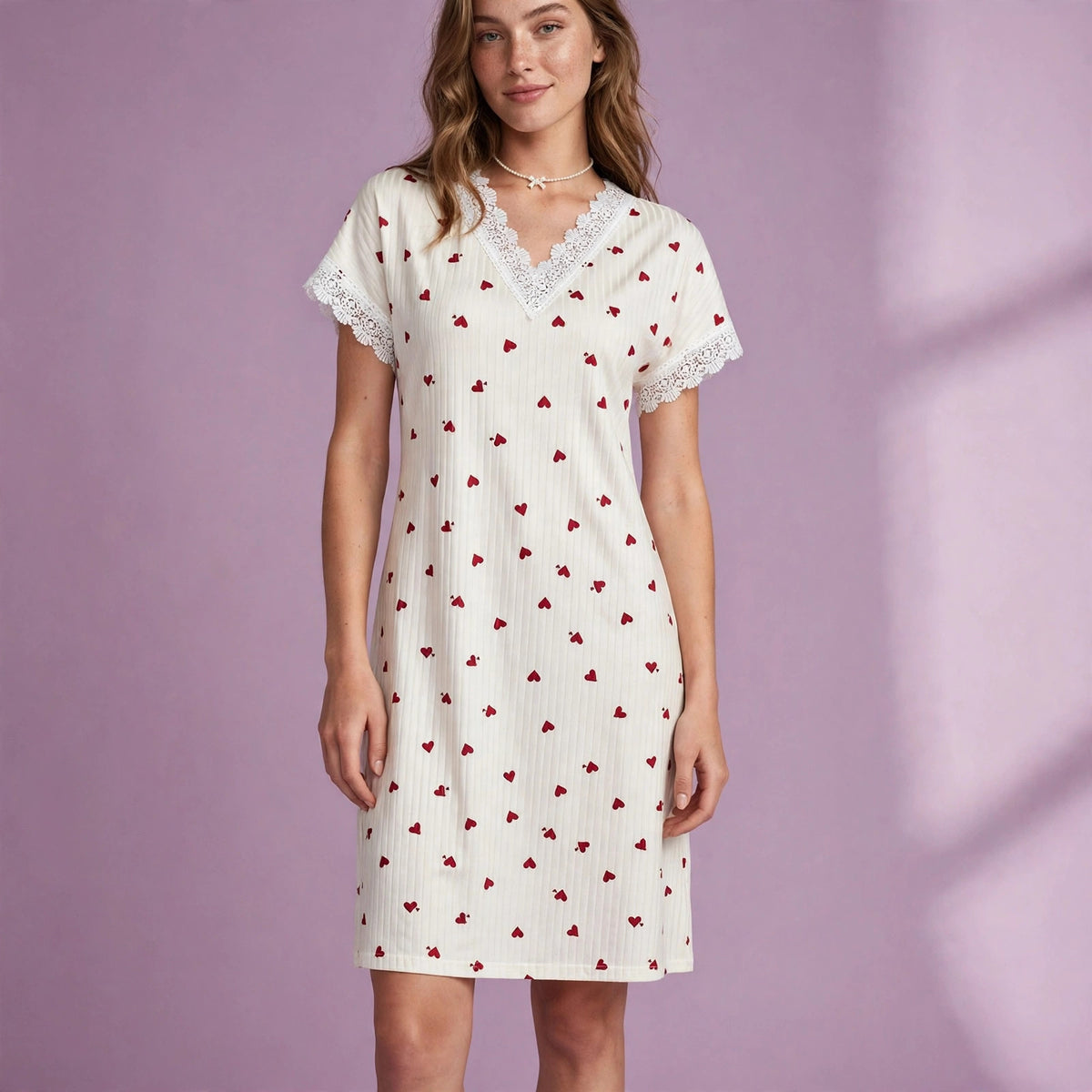 V Neck Heart Print Lace and Cotton Loungewear