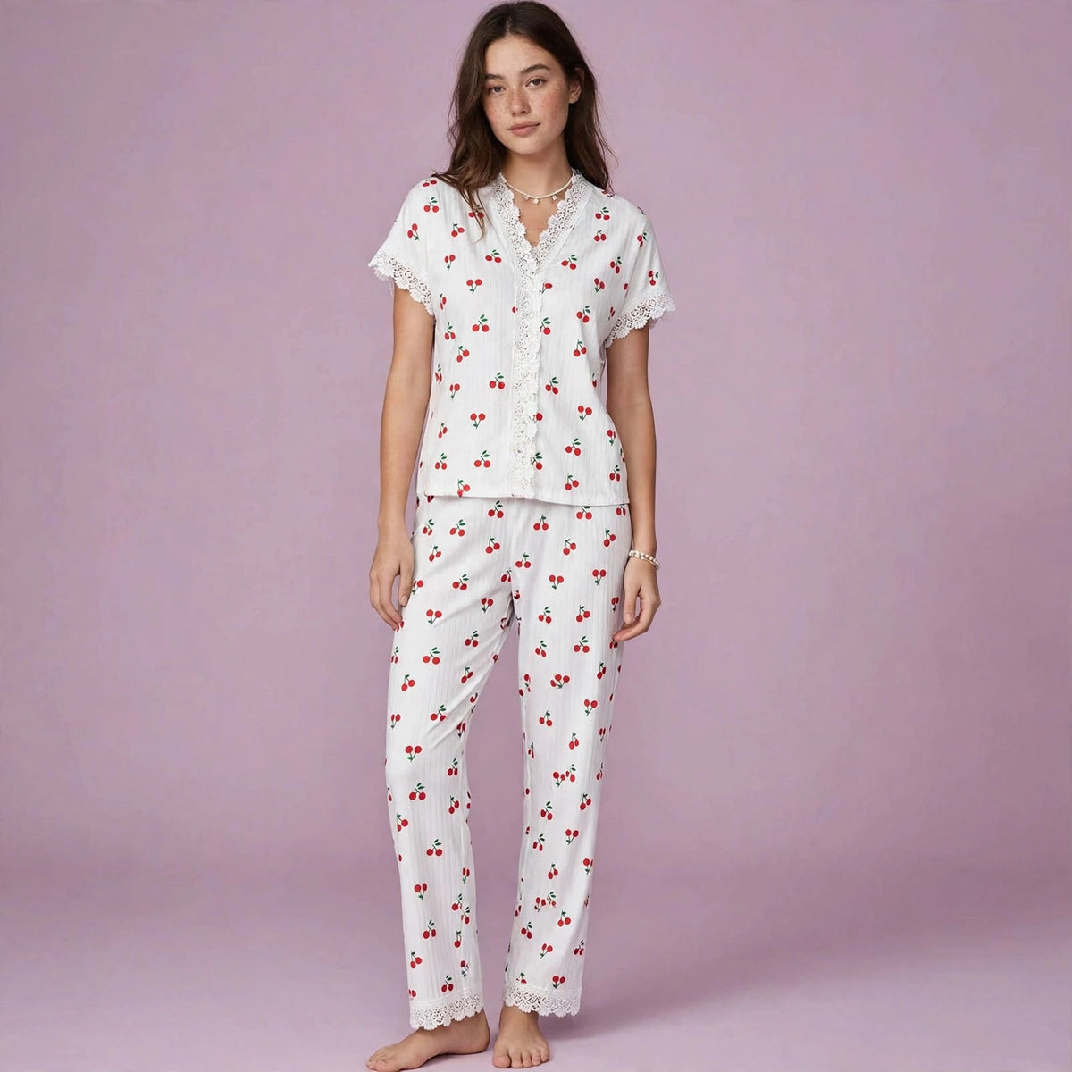 Cherry Print Long Sleeved Pajamas Set
