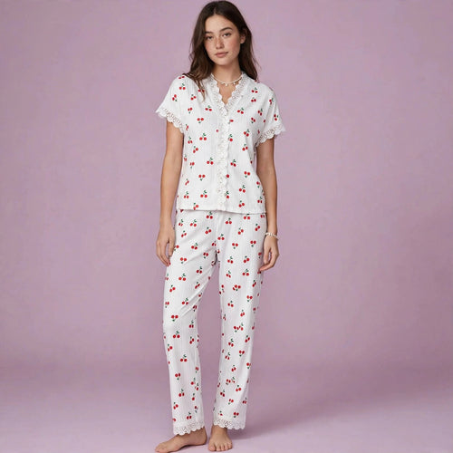 Cherry Print Long Sleeved Pajamas Set