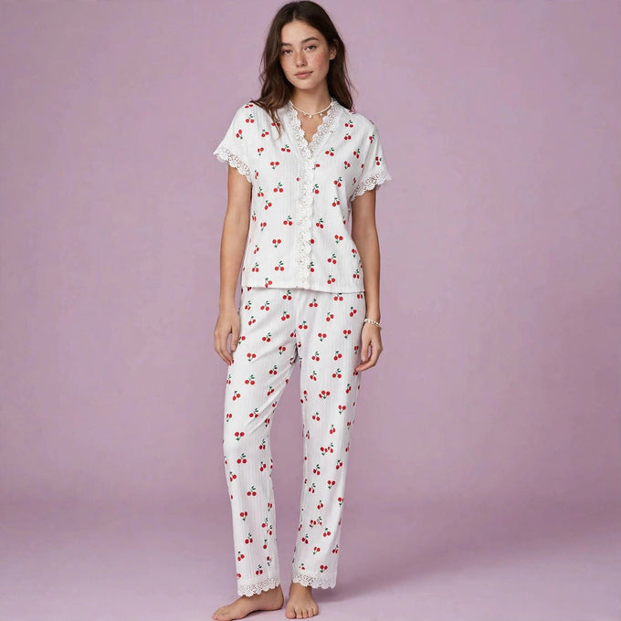 Cherry Print Long Sleeved Pajamas Set