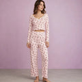 Cherry V Neck Stretch Trousers Women's Pajamas Set