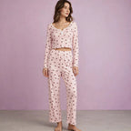 Cherry V Neck Stretch Trousers Women's Pajamas Set