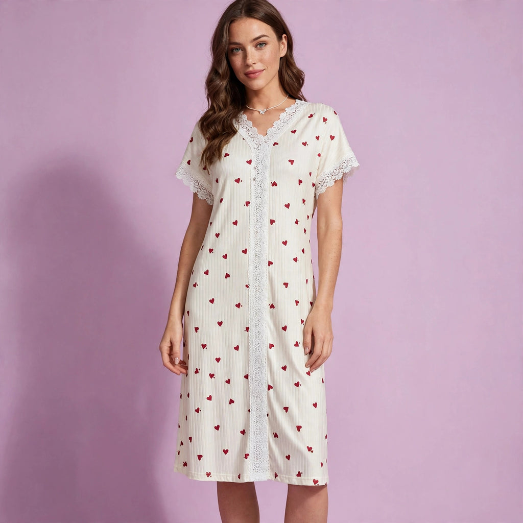 Heart Shaped V Neck Lace Comfortable Nightgown