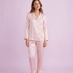 Heart Print Full Sleeve Silk Pajamas Set