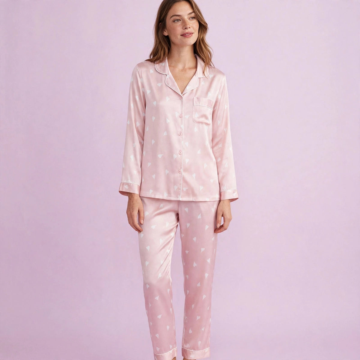 Heart Print Full Sleeve Silk Pajamas Set