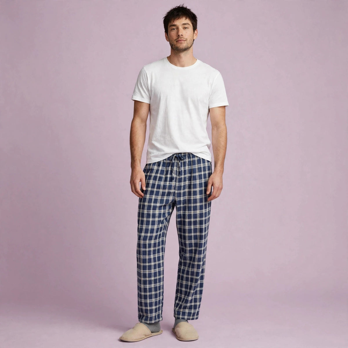 Men Navy Blue Large Grid Pajamas