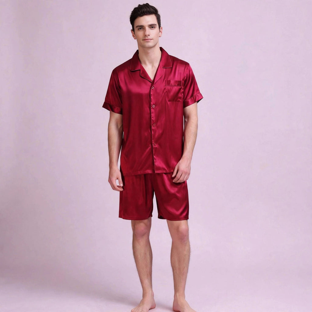 Men Red Silk Pajamas Set