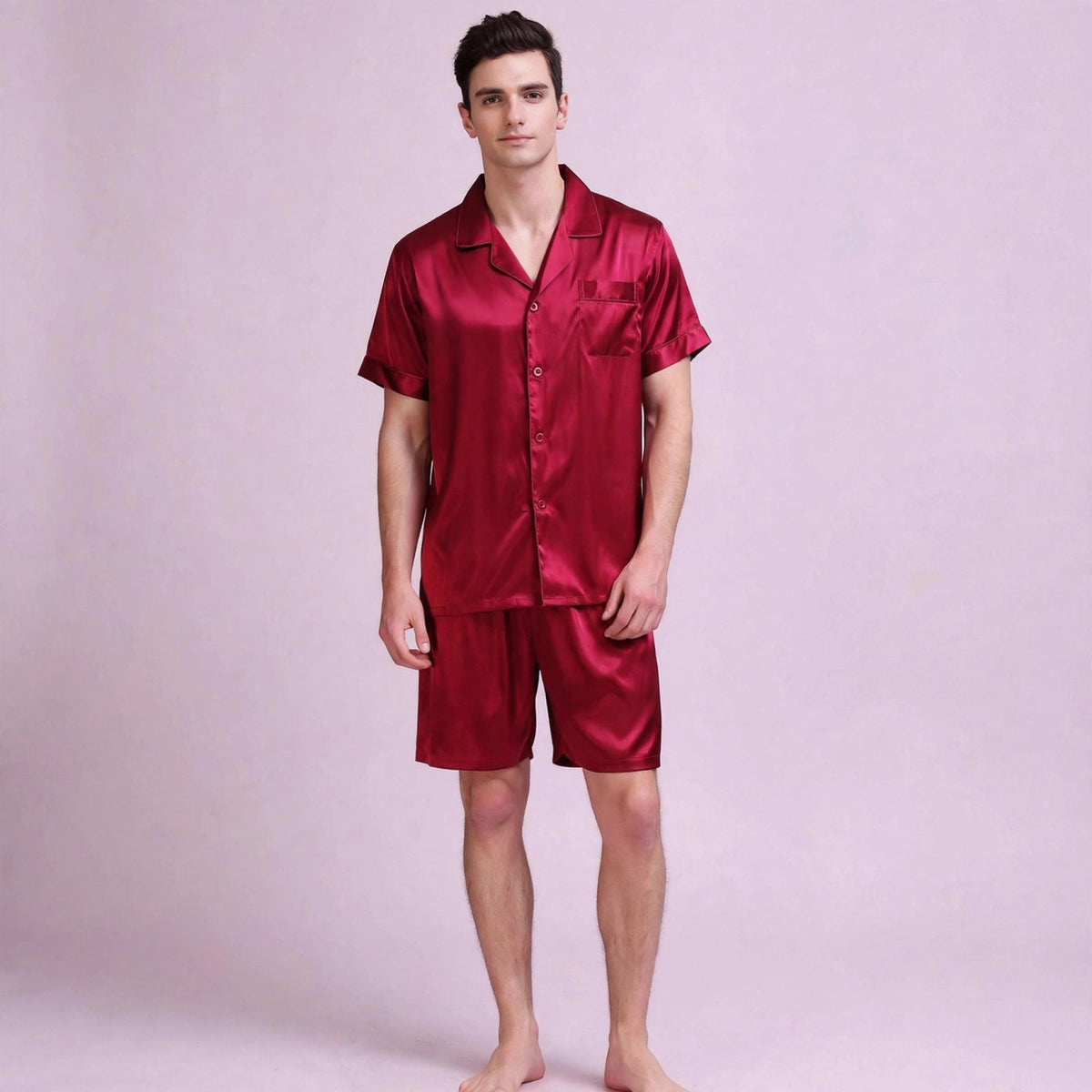 Men Red Silk Pajamas Set