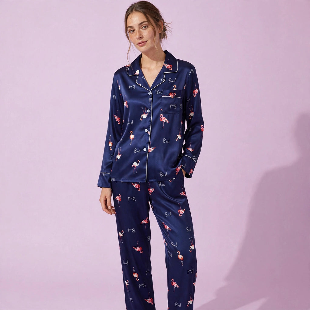 Navy Blue Flamingo Silk Pajamas Set