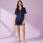 Navy Blue Silk Shorts Sleepwear Set Women