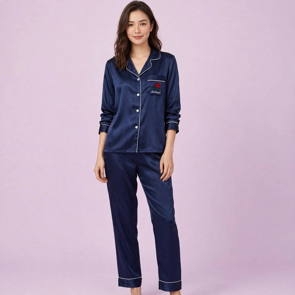 Navy Pocket Rose Silk Pajamas Set