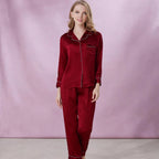 Wine Red Women Silk Sleep Pajamas Set